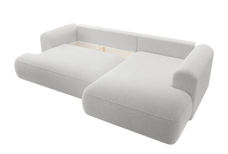 Ecksofa mit Schlaffunktion Ovo, L-förmig, mit Armlehne und Stauraum, grauer Bouclé, rechtsseitig