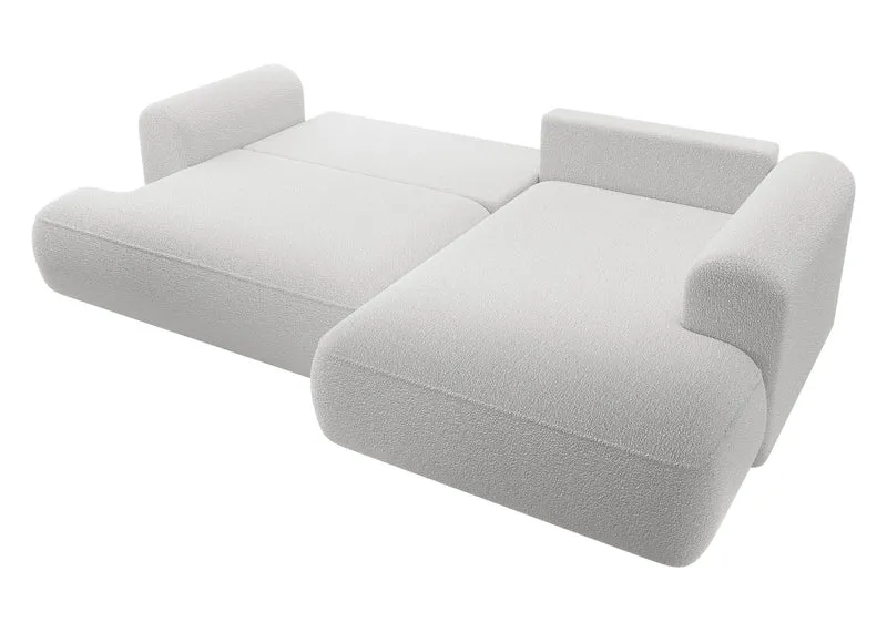 Ecksofa mit Schlaffunktion Ovo, L-förmig, mit Armlehne und Stauraum, grauer Bouclé, rechtsseitig