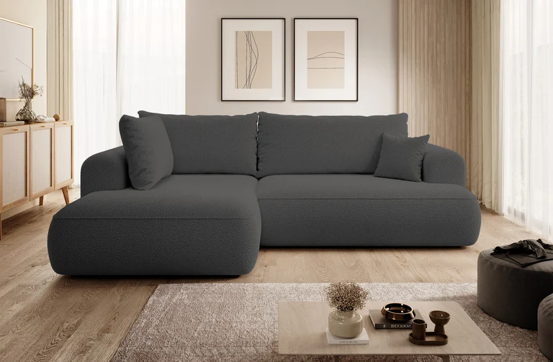 Ecksofa mit Schlaffunktion Ovo, L-förmig, mit Armlehne und Stauraum, dunkelgrauer Bouclé, linksseitig
