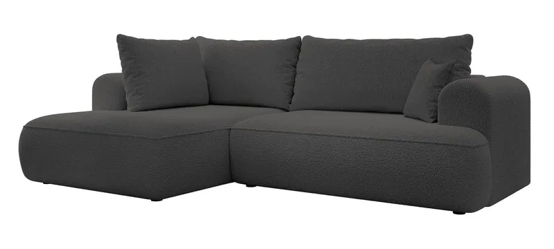 Ecksofa mit Schlaffunktion Ovo, L-förmig, mit Armlehne und Stauraum, dunkelgrauer Bouclé, linksseitig