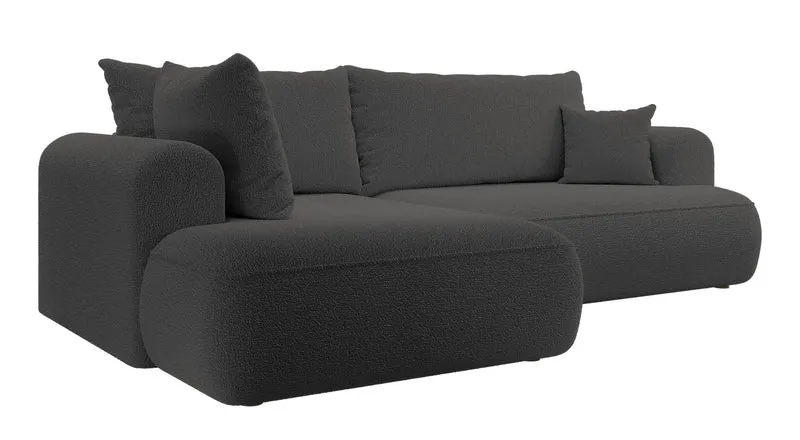 Ecksofa mit Schlaffunktion Ovo, L-förmig, mit Armlehne und Stauraum, dunkelgrauer Bouclé, linksseitig