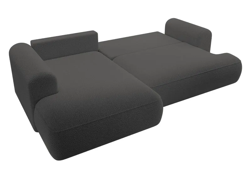 Ecksofa mit Schlaffunktion Ovo, L-förmig, mit Armlehne und Stauraum, dunkelgrauer Bouclé, linksseitig