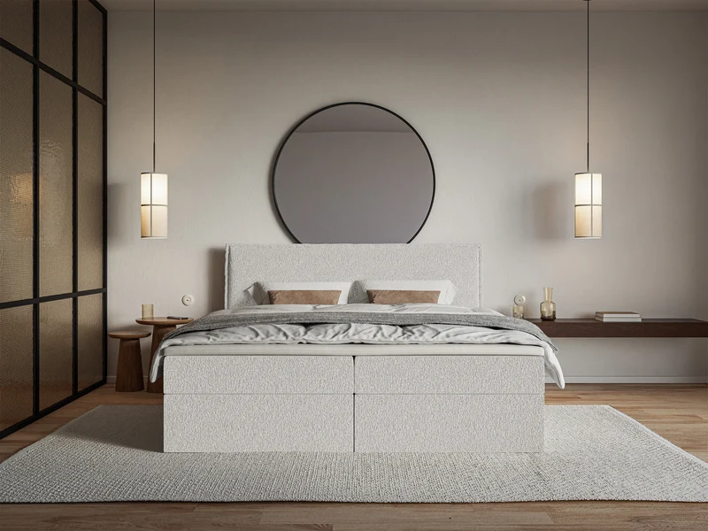 Kontinentalbett 180x200 cm Softie mit Stauraum und Topper, hellgrauer Chenillestoff