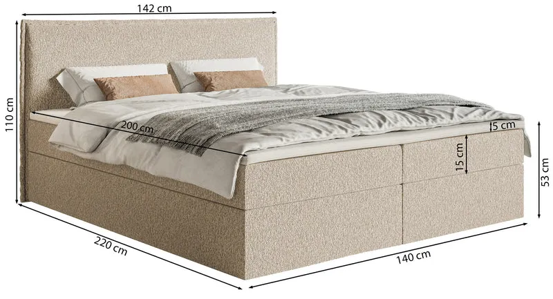 Kontinentalbett 140x200 cm Softie mit Stauraum und Topper, hellblauer Chenille