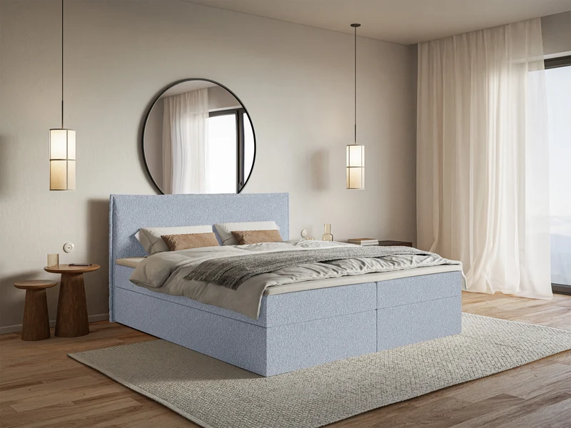 Kontinentalbett 140x200 cm Softie mit Stauraum und Topper, hellblauer Chenille
