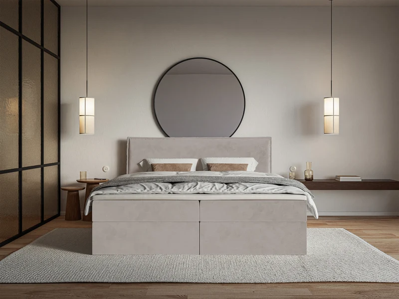 Kontinentalbett 140x200 cm Softie mit Stauraum und Topper, graubrauner Velours, wasserabweisend