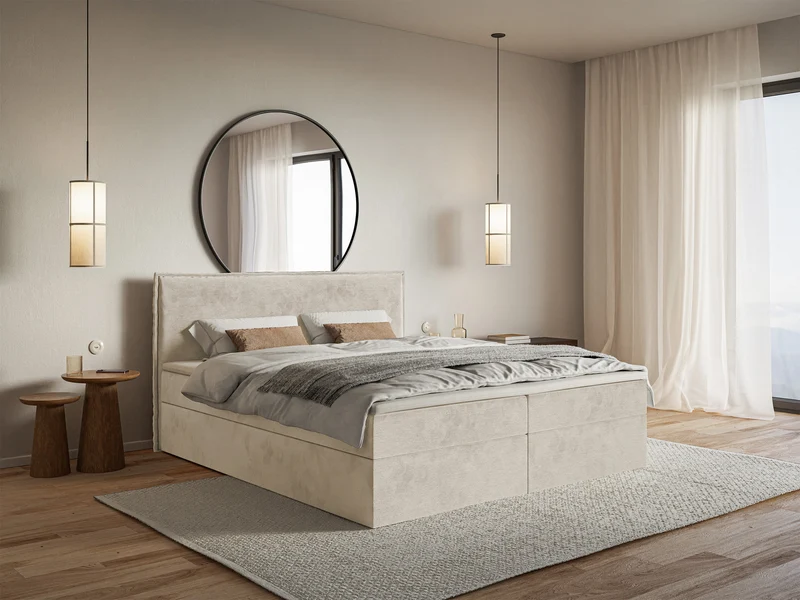 Kontinentalbett 180x200 cm Softie mit Stauraum und Topper, beige Velours, wasserabweisend
