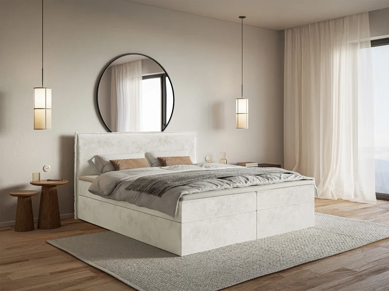 Kontinentalbett 180x200 cm Softie mit Stauraum und Topper, grau-beiger wasserabweisender Samt