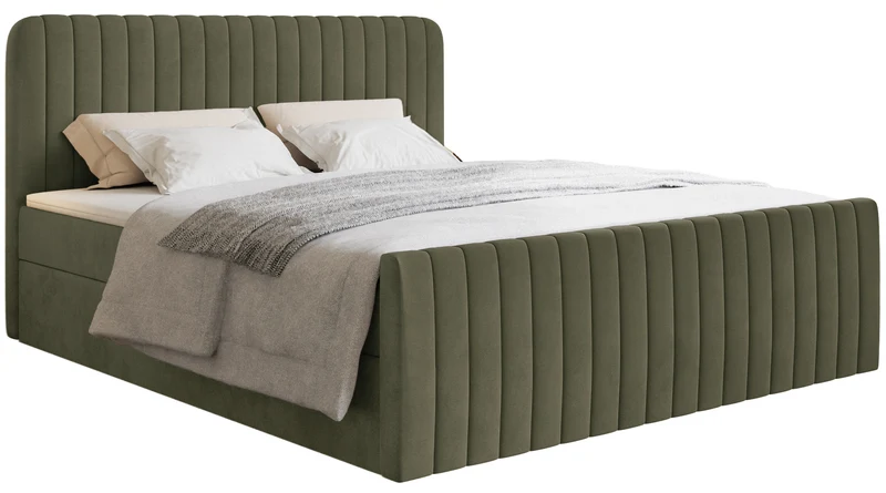 Kontinentales Bett 200x200 cm Saliano mit Stauraum und Topper, olivgrüner Samt