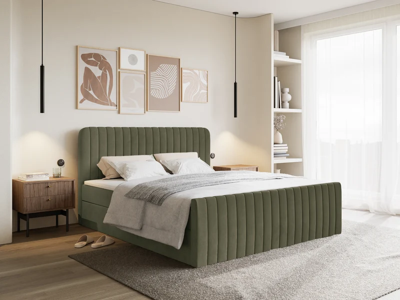 Kontinentales Bett 200x200 cm Saliano mit Stauraum und Topper, olivgrüner Samt