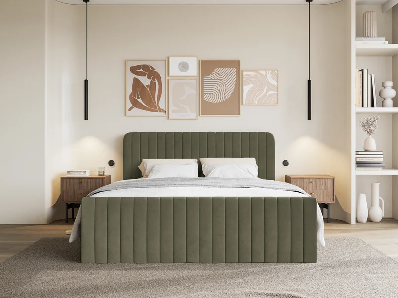 Kontinentales Bett 200x200 cm Saliano mit Stauraum und Topper, olivgrüner Samt