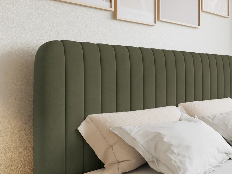 Kontinentales Bett 200x200 cm Saliano mit Stauraum und Topper, olivgrüner Samt
