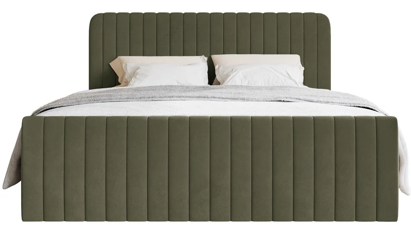 Kontinentales Bett 200x200 cm Saliano mit Stauraum und Topper, olivgrüner Samt
