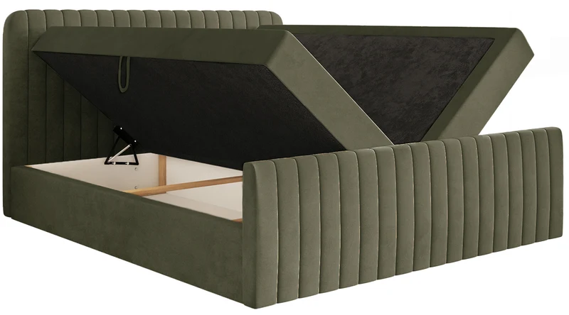 Kontinentales Bett 200x200 cm Saliano mit Stauraum und Topper, olivgrüner Samt