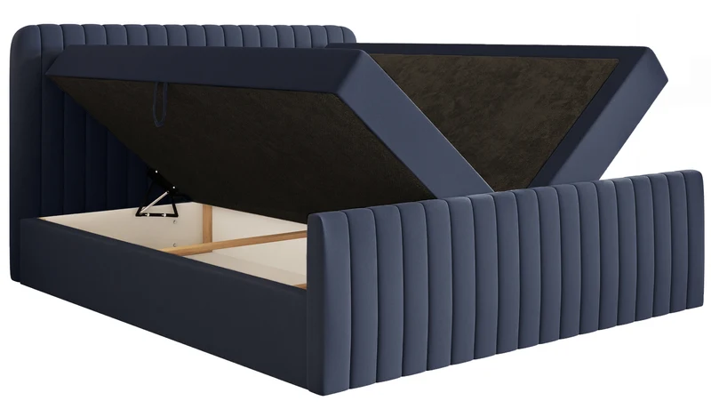 Kontinentales Bett 180x200 cm Saliano mit Stauraum und Topper, marineblauer hydrophober Chenille-Stoff