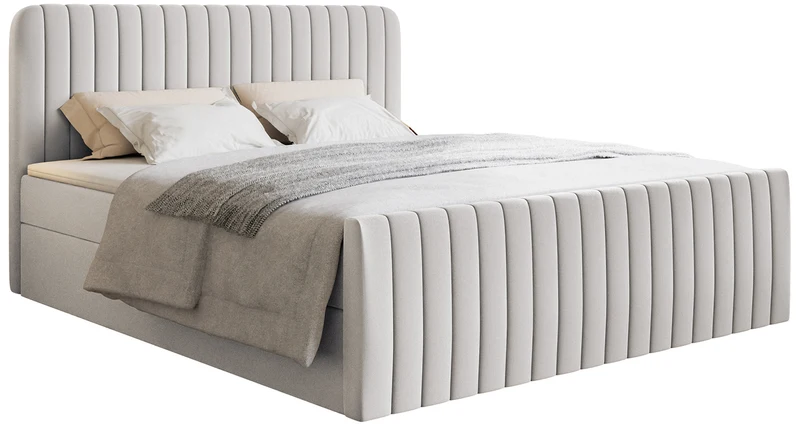 Kontinentales Bett 200x200 cm Saliano mit Stauraum und Topper, hellgrauer hydrophober Chenillebezug