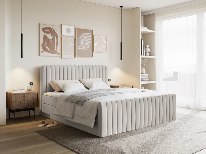 Kontinentales Bett 200x200 cm Saliano mit Stauraum und Topper, hellgrauer hydrophober Chenillebezug
