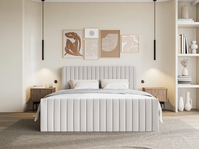 Kontinentales Bett 200x200 cm Saliano mit Stauraum und Topper, hellgrauer hydrophober Chenillebezug