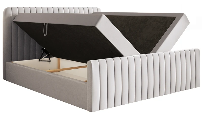 Kontinentales Bett 200x200 cm Saliano mit Stauraum und Topper, hellgrauer hydrophober Chenillebezug