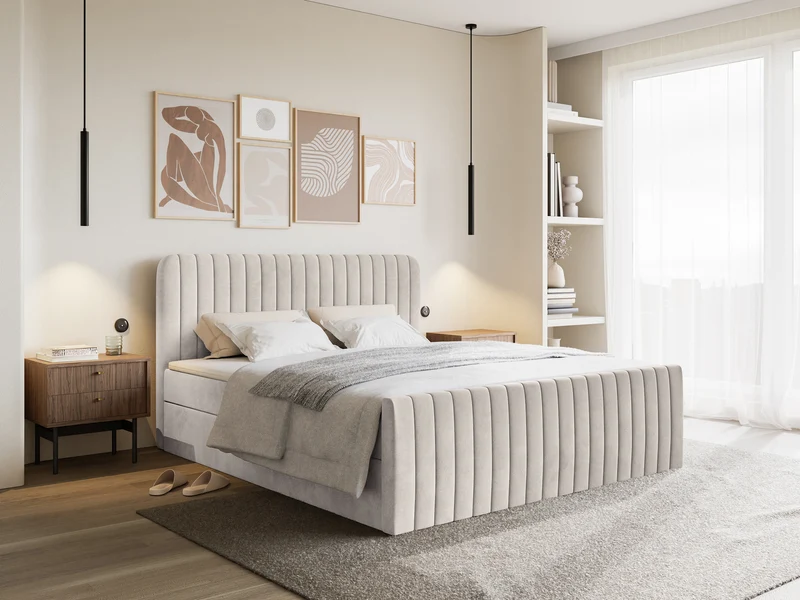Kontinentalbett 160x200 cm Saliano mit Stauraum und Topper, beige Velours
