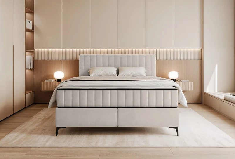 Kontinentalbett 160x200 cm Mufasso mit Stauraum, hellbeiger Velours, wasserabweisend