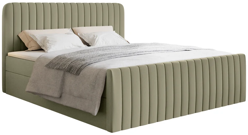 Kontinentales Bett 140x200 cm Saliano mit Stauraum und Topper, olivgrüner hydrophober Chenillestoff