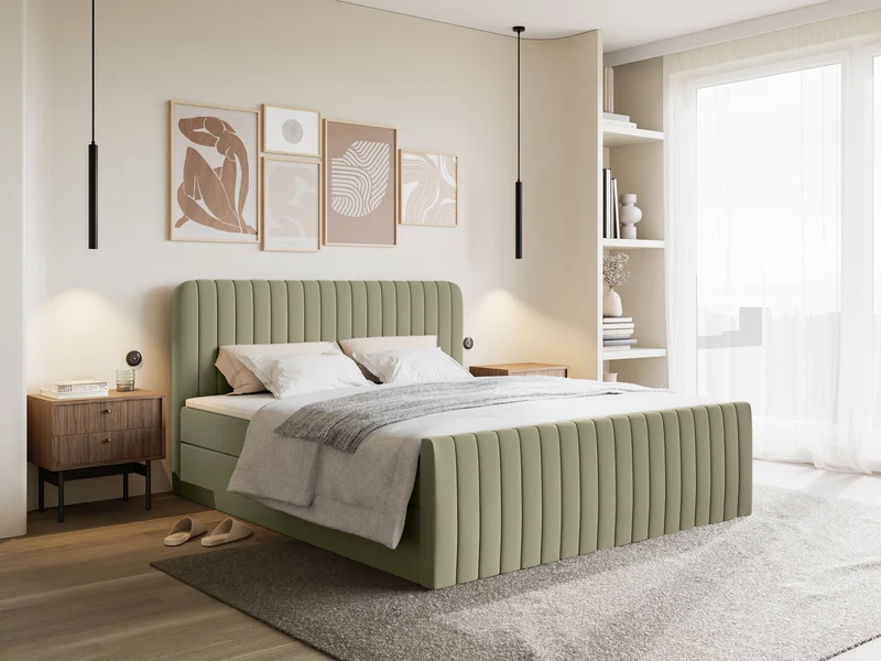 Kontinentales Bett 140x200 cm Saliano mit Stauraum und Topper, olivgrüner hydrophober Chenillestoff