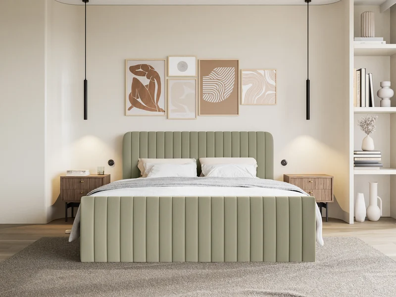 Kontinentales Bett 140x200 cm Saliano mit Stauraum und Topper, olivgrüner hydrophober Chenillestoff