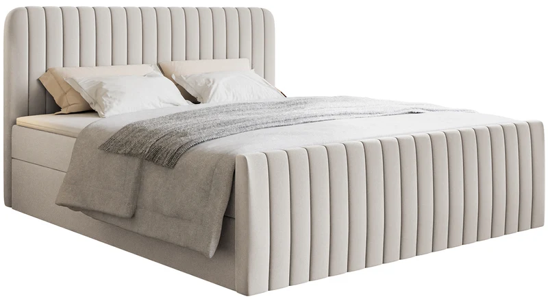 Kontinentalbett 140x200 cm Saliano mit Stauraum und Topper, hellbeige Chenille, hydrophob