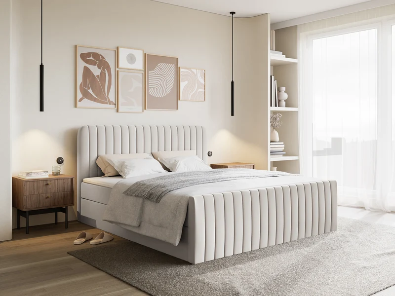 Kontinentalbett 140x200 cm Saliano mit Stauraum und Topper, hellbeige Chenille, hydrophob