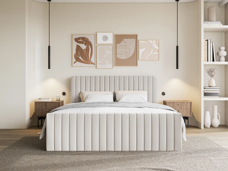 Kontinentalbett 140x200 cm Saliano mit Stauraum und Topper, hellbeige Chenille, hydrophob
