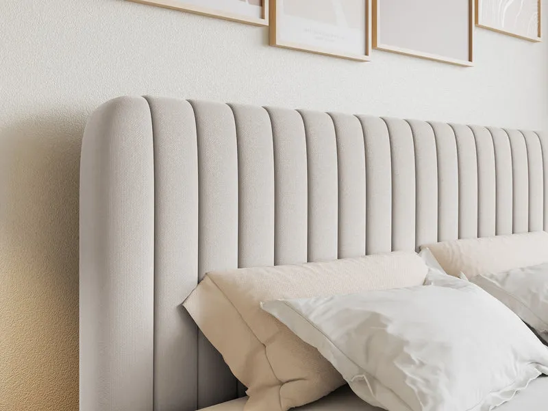 Kontinentalbett 140x200 cm Saliano mit Stauraum und Topper, hellbeige Chenille, hydrophob
