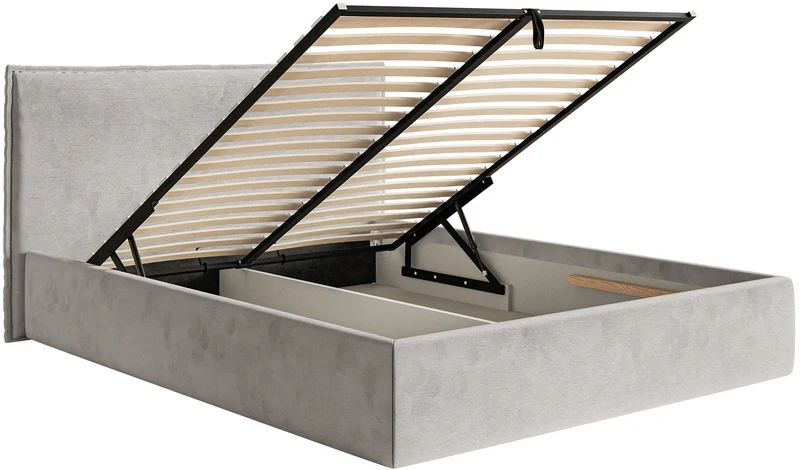 Polsterbett 180x200 cm Softie Slim mit Stauraum, hellgrauer Velours, wasserabweisend, Metallrahmen