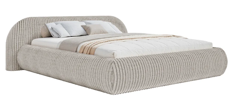 Polsterbett 140x200 cm Shels Low mit Stauraum, Metallrahmen, dickes graubeiges Cordstoff
