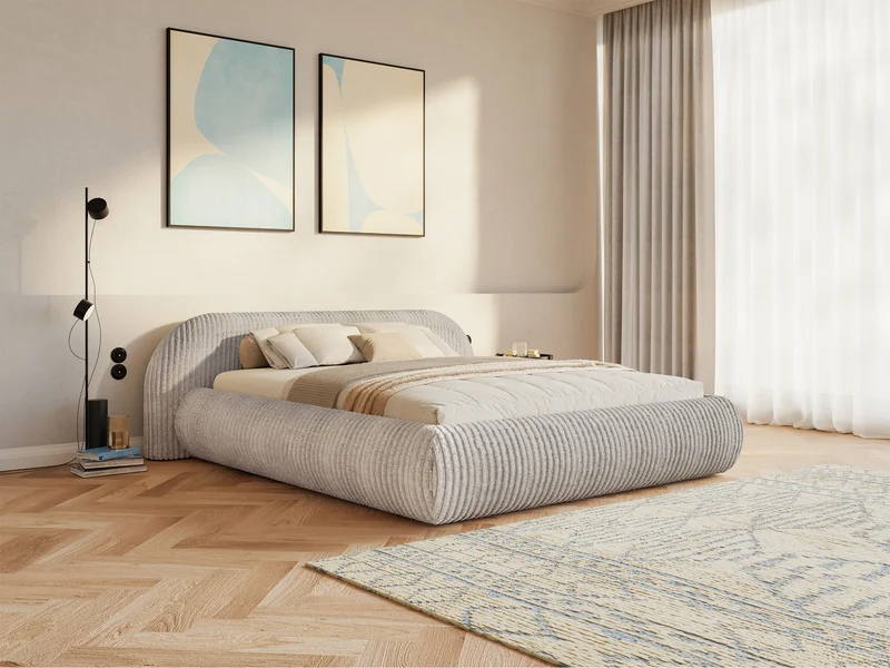 Polsterbett 140x200 cm Shels Low mit Stauraum, Metallrahmen, dickes graubeiges Cordstoff