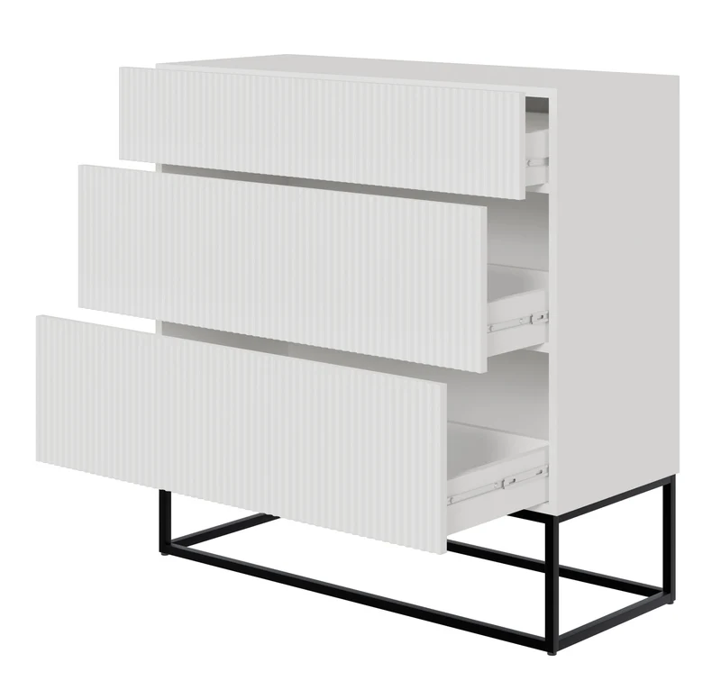 Kommode Veldio mit gefräster Front und drei Schubladen, 90 cm, Weiß mit schwarzen Beinen