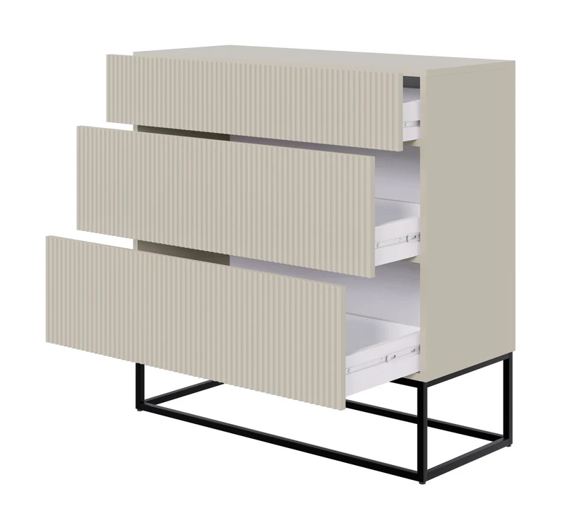 Kommode Veldio mit gefräster Front und drei Schubladen, 90 cm, Weiß mit goldenen Beinen