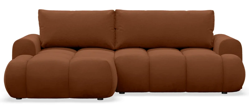 Ecksofa mit Schlaffunktion Ombo Mini, L-förmig, linksseitig, mit Stauraum, kupferfarbener, hydrophober Samt