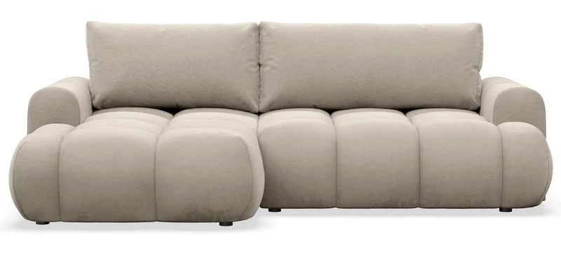 Ecksofa mit Schlaffunktion Ombo Mini, L-förmig, linksseitig, mit Stauraum, cremefarbenes Bouclé