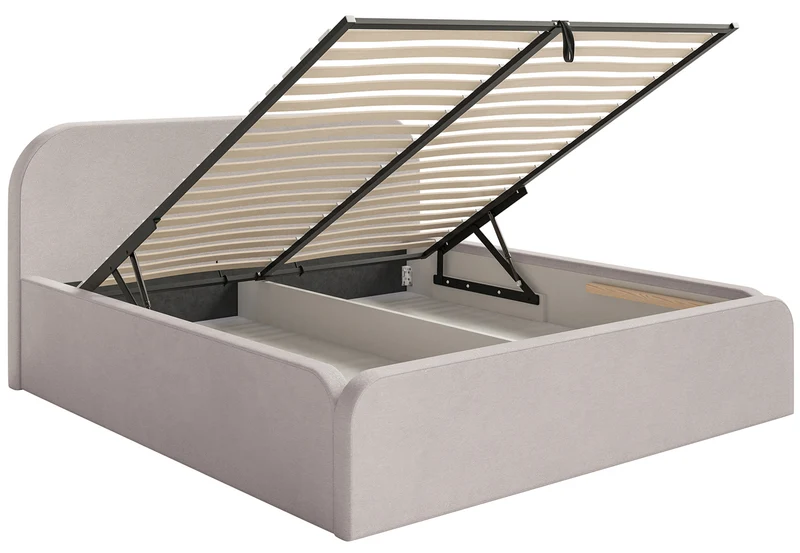 Gepolstertes Bett 140x200 cm Umike mit Stauraum, grau-beiger Velours, wasserabweisend