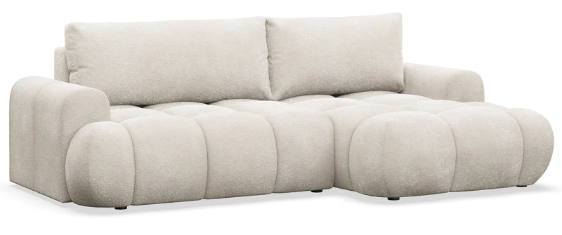 Ecksofa mit Schlaffunktion Ombo Mini, L-förmig, rechtsseitig, mit Stauraum, cremefarbenes Bouclé
