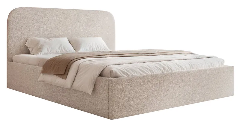 Gepolstertes Bett 160x200 cm Sonvivo mit Bettkasten, grau-beige Bouclé, Metallrahmen