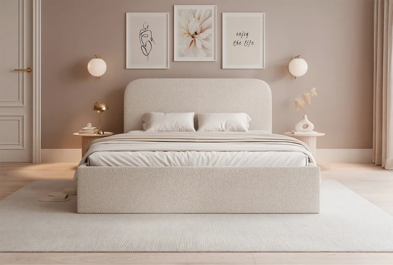 Gepolstertes Bett 160x200 cm Sonvivo mit Bettkasten, grau-beige Bouclé, Metallrahmen