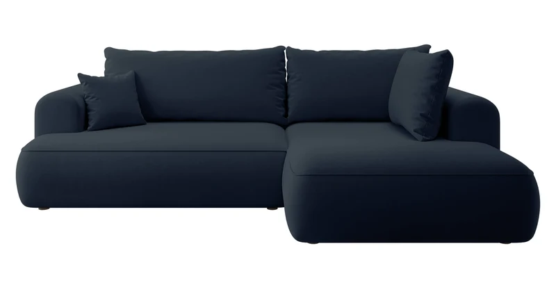 Ecksofa mit Schlaffunktion Ovo, L-förmig, mit Armlehne und Stauraum, marineblauer, leicht zu reinigender Samt, rechtsseitig