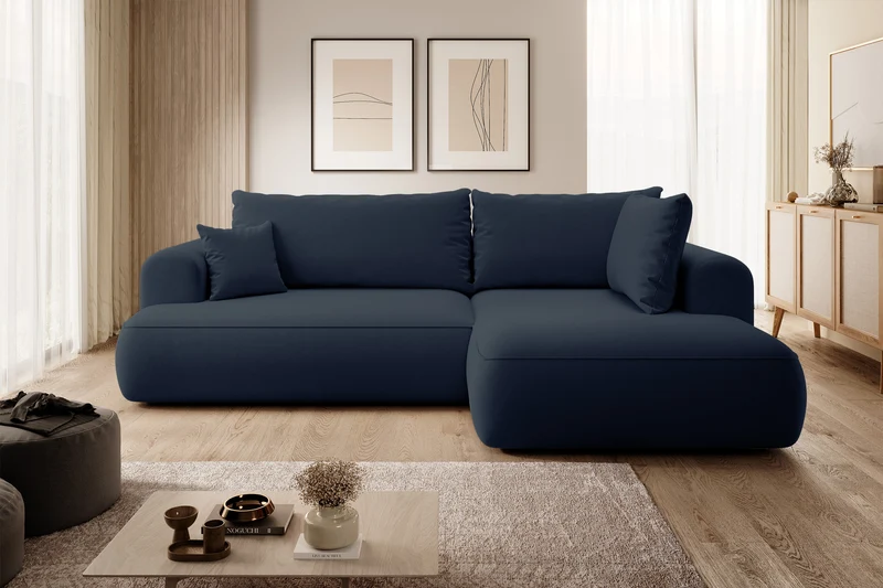 Ecksofa mit Schlaffunktion Ovo, L-förmig, mit Armlehne und Stauraum, marineblauer, leicht zu reinigender Samt, rechtsseitig