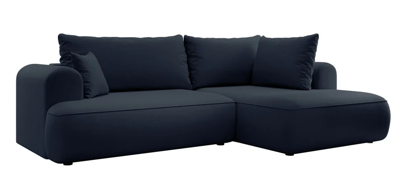 Ecksofa mit Schlaffunktion Ovo, L-förmig, mit Armlehne und Stauraum, marineblauer, leicht zu reinigender Samt, rechtsseitig