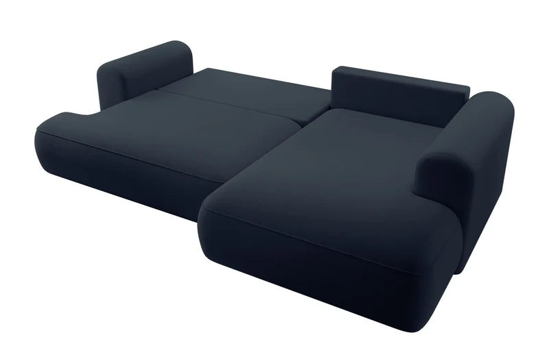 Ecksofa mit Schlaffunktion Ovo, L-förmig, mit Armlehne und Stauraum, marineblauer, leicht zu reinigender Samt, rechtsseitig