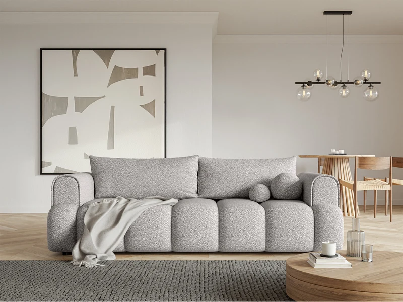 Dreisitziges Sofa Dandelino mit Schlafunktion, hellgrauer Bouclé-Stoff