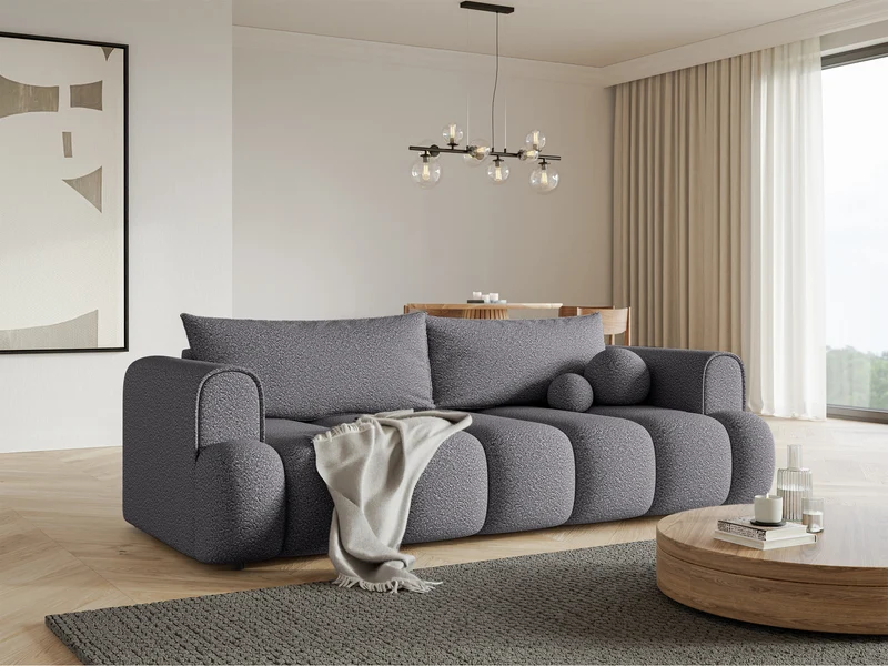 Dreisitziges Sofa Dandelino mit Schlafunktion, grauer Bouclé-Stoff