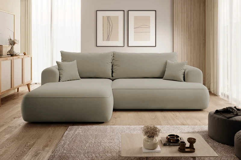 Ecksofa mit Schlafunktion Ovo, L-förmig, beige Velours mit Stauraum, aus leicht zu reinigendem Stoff, linksseitig